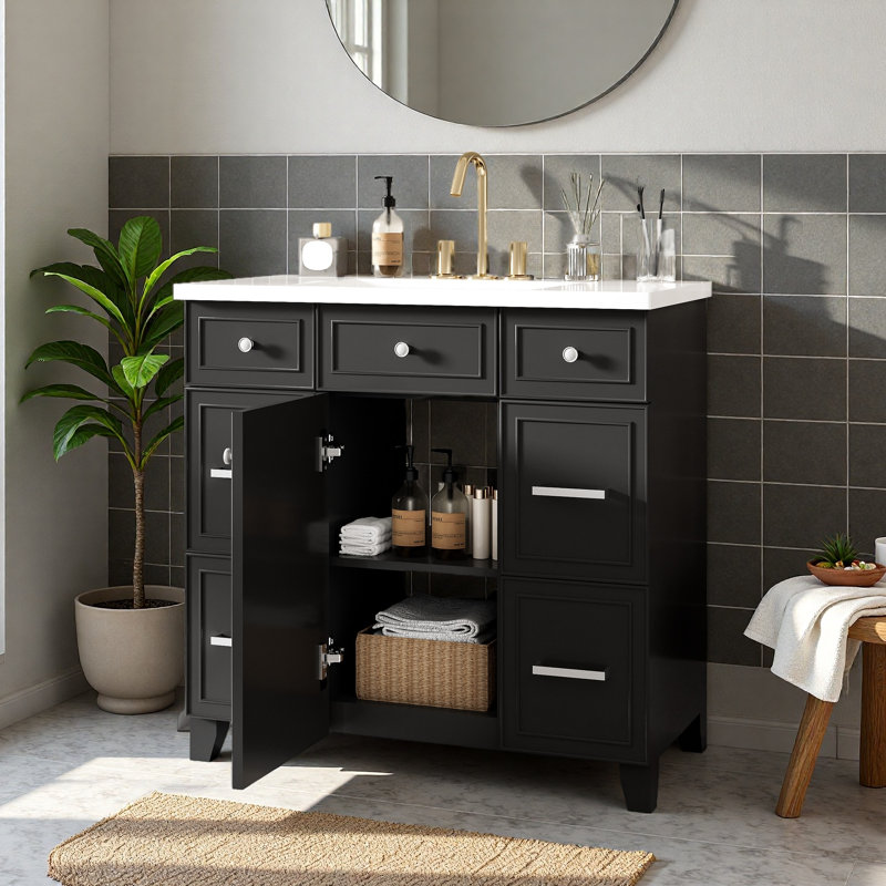 Meuble-lavabo 36 po avec lavabo en céramique, Noir, Argent argent