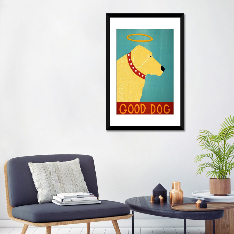 « good dog » par stephen huneck, impression sur toile jaune et bleu, H 60 po x l 40po x P 1,5 po, Pas de tapis, Toile tendue
