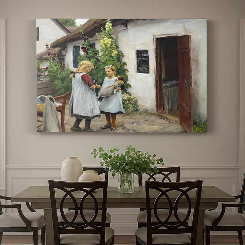 Deux filles jouant à l'extérieur d'une ferme-Hans Andersen Brendekilde-Gallery, toile tendue-c. Fin du 19e siècle / début du 20e siècle