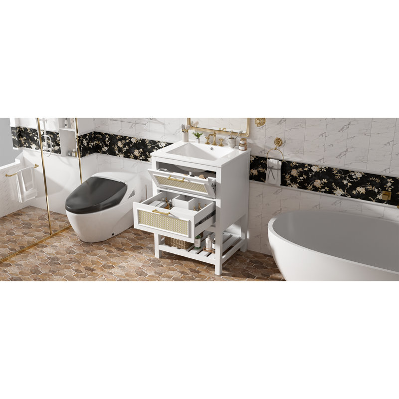 Meuble-lavabo simple de 24 po, lavabo intégré, peu encombrant, assemblage rapide, compatible avec les robinets de 4 po, lavabo en céramique, conception facile à utiliser, compatibilité facile