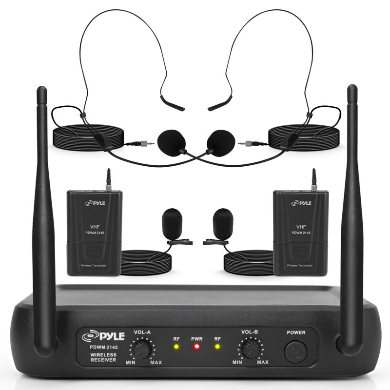 Système de microphone sans fil à deux canaux Pyle - Ensemble de micros fixes sans fil à double fréquence VHF avec 2 micros, 2 micro-casques, 2 émettrices, récepteur - pour PA, karaoké, fête de dj - Pyle PDWM2145