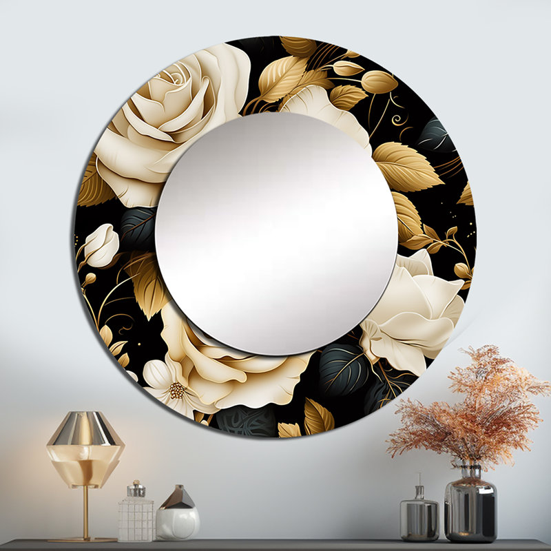 Elegant Beige Rose Harmony - grand miroir mural floral, miroir rond de style chalet, impression sur métal, 29 po x 29 po