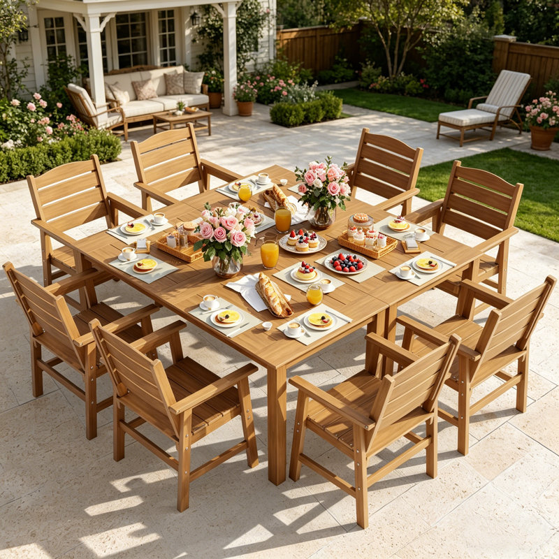 Ensemble de salle à manger d'extérieur toutes saisons 10 pièces Ensemble de salle à manger d'extérieur avec trou pour parasol et structure en aluminium Ensemble de salle à manger d'extérieur moderne pour 8 personnes pour cour arrière / porche / terrasse, 2 tables, 8 chaises, teck