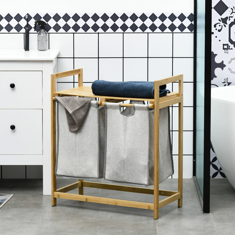 Double panier à linge en bambou avec tablette, 2 sacs amovibles, bois naturel et gris foncé