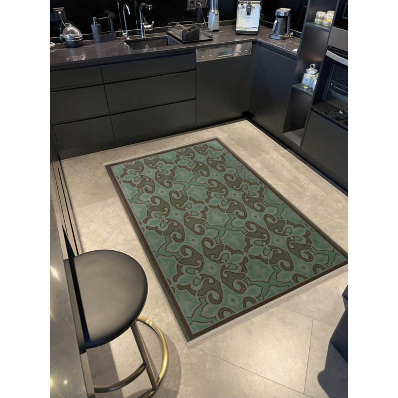 Tapis décoratif vintage à motif abstrait vert et brun, Rectangle 5 pi x 6 pi 7 po