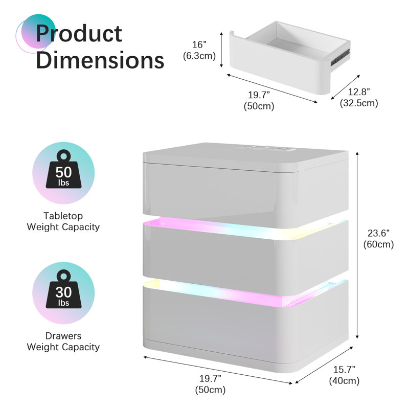 3-Drawer Nightstand With Charging Station And Motion Sensor Rgb Light, Curved Profile Design, No Assembly Required, White