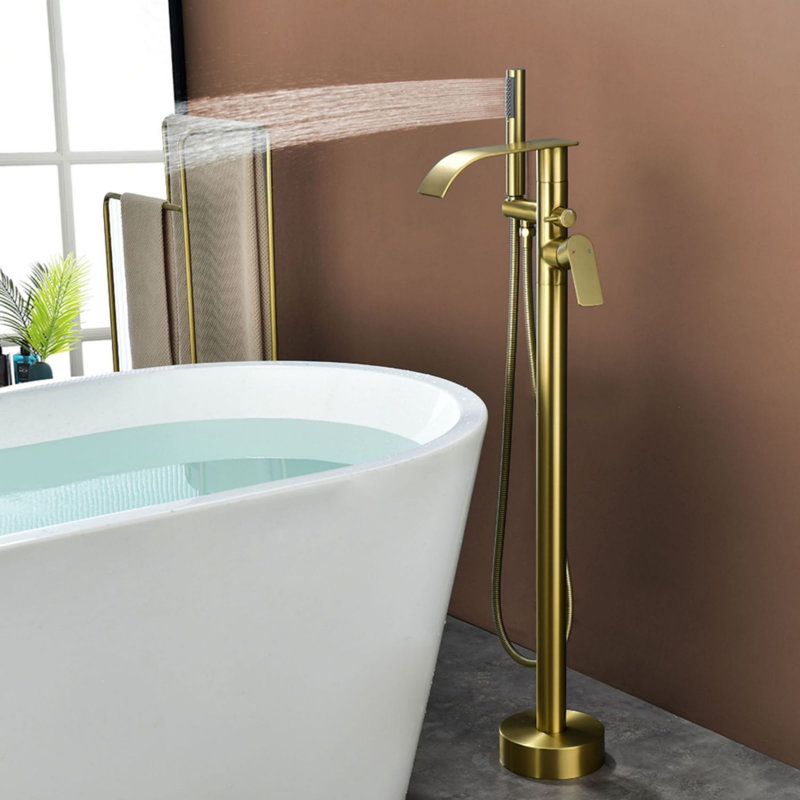 Robinet de baignoire autoportant à fixation au sol avec douche à main, Or brossé