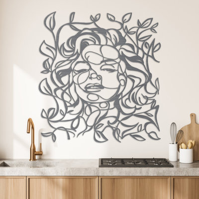 Art mural abstrait avec visage, cheveux et vignes - ACM