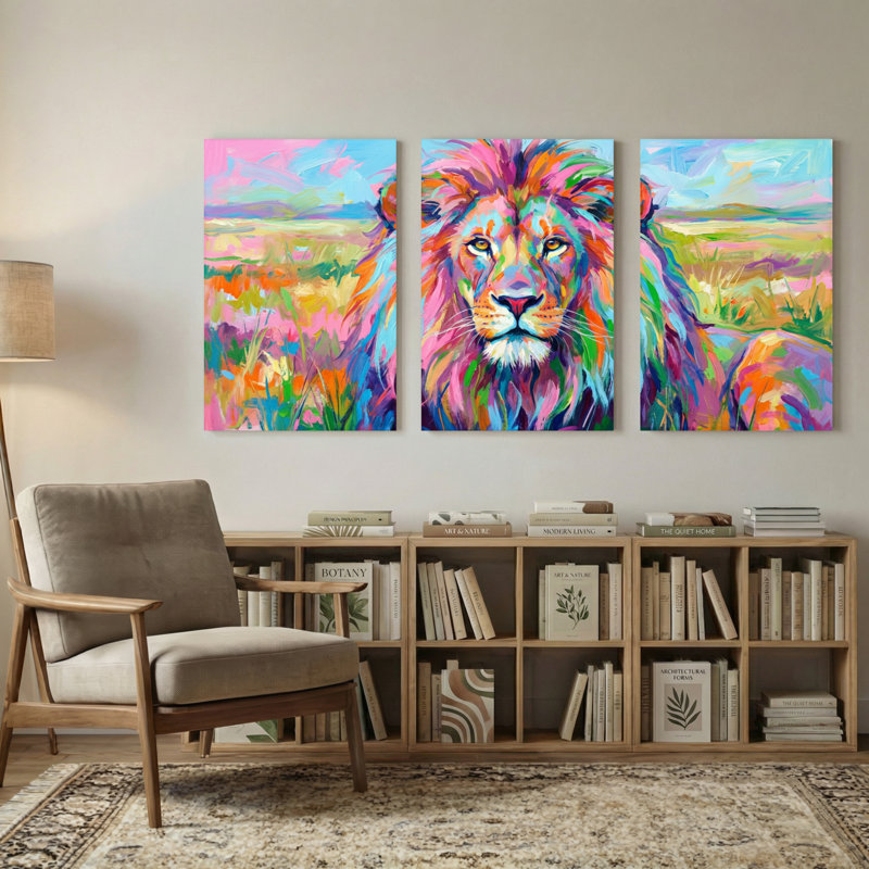 Animaux, lion coloré, ensemble de 3 reproductions d'art sur toile, H 18 po x l 36 po