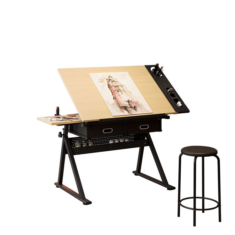 Bureau de dessin réglable avec 2 tiroirs et tabouret pour fins de travail éducatif, palette de couleurs érable, surface inclinable de 0 à 75 po, tabouret de dessinateur non tissé convenable pour tous, couleur principale, bureau