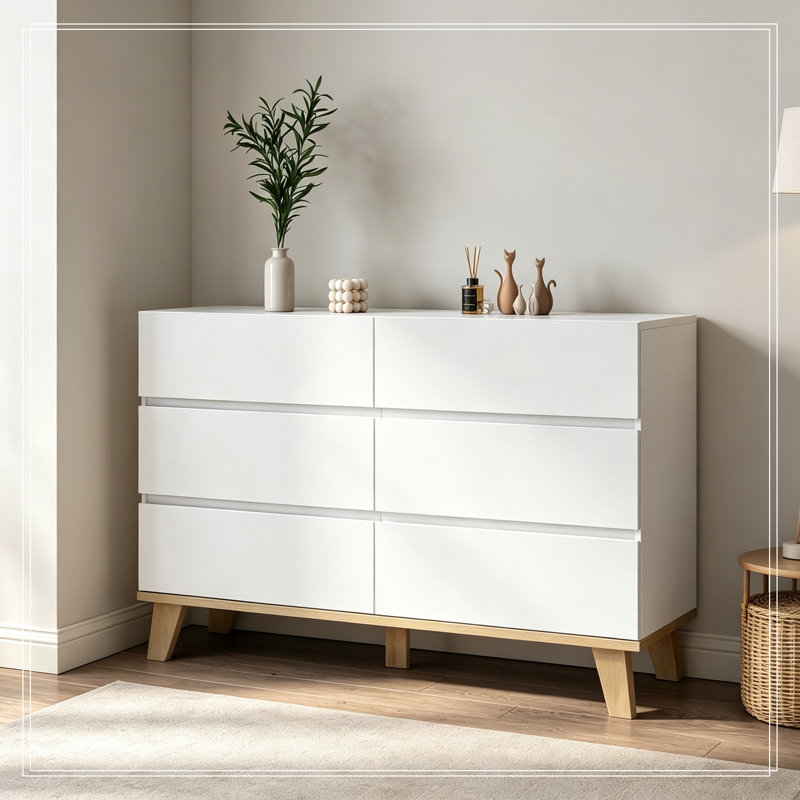 Commode de rangement avec 6 tiroirs et pieds en bois robustes