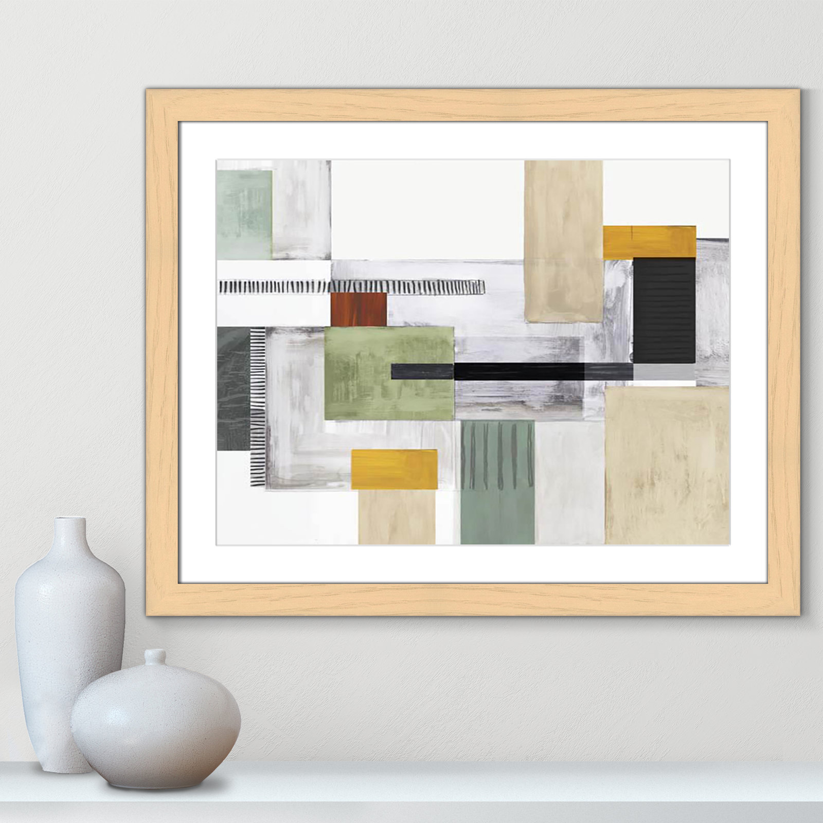 Playful Blocks Print by Tom Reeves, 25" H x 31" W x 1.25" D, Natural Cube Picture Framed, White