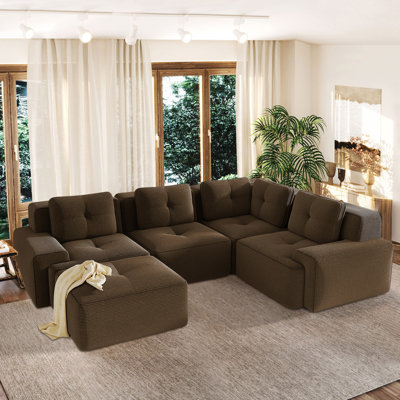Dravon 5-Piece Corduroy Modular Sectional Sofa With Movable Ottoman, Deep Seat Corner Sectional For Living Room by Latitude Run
