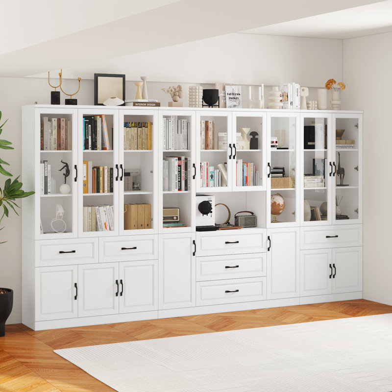 Classeur à 6 tiroirs H 78,7 po x l 141,7 po avec portes en verre et armoires de rangement