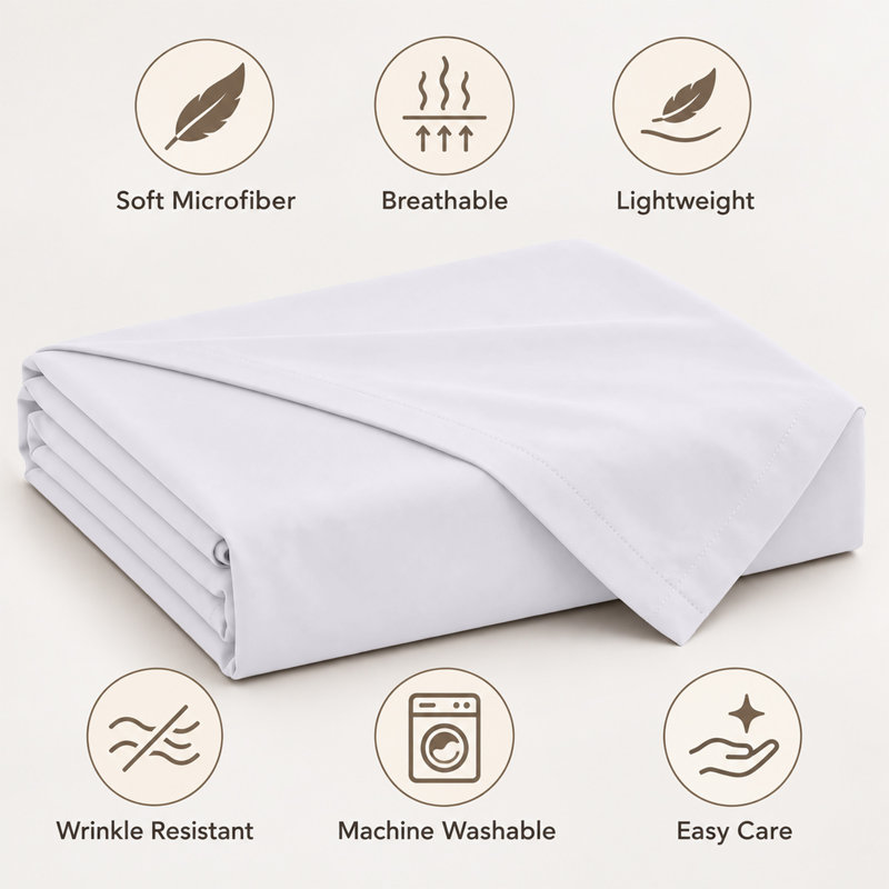 Luxury Soft Microfiber 140 Thread Count Flat Sheet Easy Care Breathable Bedding Sheet, Kingsize (5'), WHITE