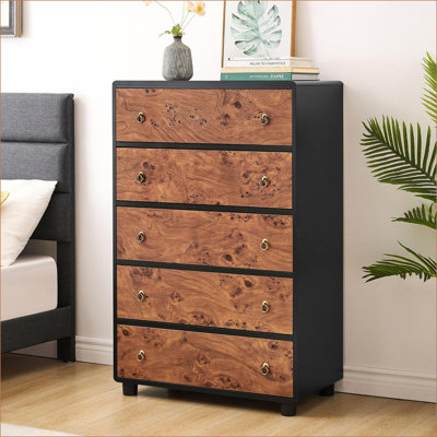 Commode 5 tiroirs pour la chambre à coucher, commodes hautes 46 po et commodes avec profil courbé et poignée rétro, commode verticale en bois pour la chambre à coucher, le salon, chêne naturel