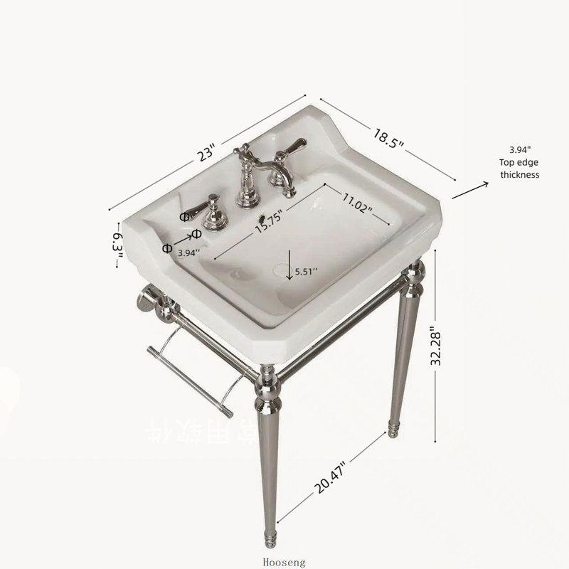 Évier console en céramique blanche 23 po, pieds autoportants en chrome avec barre à serviettes, 3 trous pré-percés