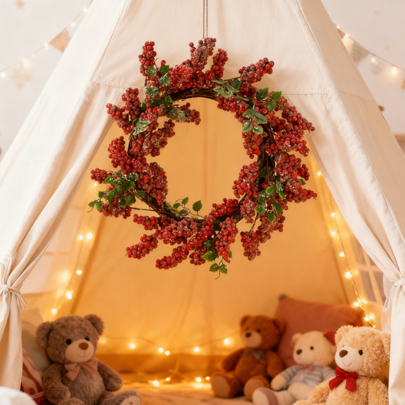 Couronne de Noël 18 pouces, décoration artificielle de baies givrées rouges, couronnes décoratives d'intérieur et d'extérieur