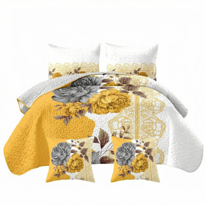 Ensemble de literie 5 pièces à très grand motif floral doré et gris (grand / très grand / très grand californien) - Courtepointe en microfibre + taies décoratives
