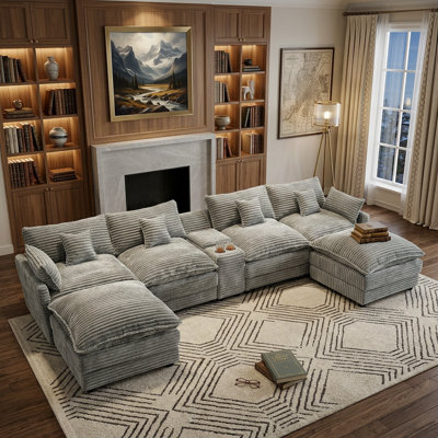 114" Modern Upholstery Sofa,U Shape 6-Seat Sofa with USB Port and Cup Holder