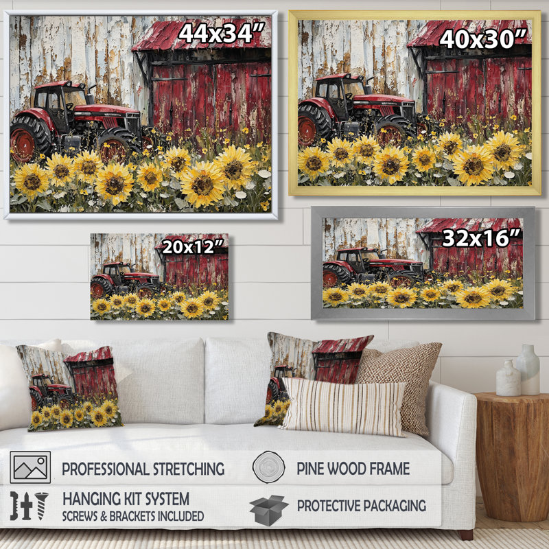 Dorukan Country Side Sunflowers With Tractor Farm II - ferme, art mural, Brun, H 12 po x l 20 po