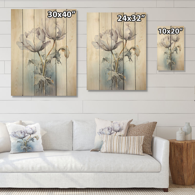 Tulipe grise sur pied - Tulipes, art mural sur bois de pin naturel, H 40 po x l 30 po