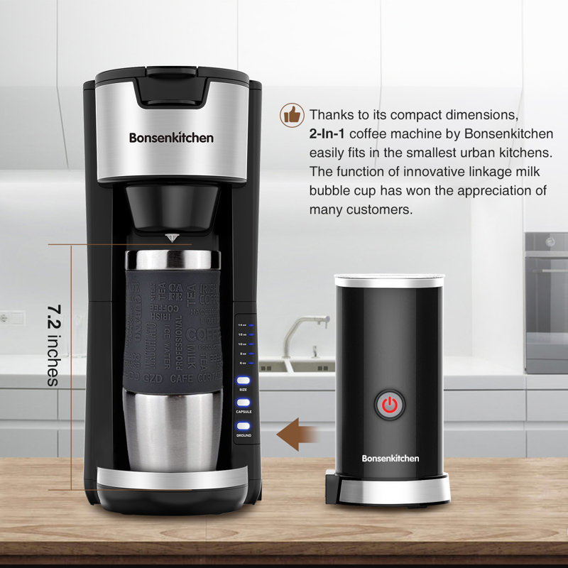 Cafetière à portion individuelle 2 en 1 Bonsenk Kitchen avec mousseur à lait