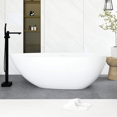 59'' White Solid Surface Freestanding Bathtub With Overflow And Pop-Up Drain