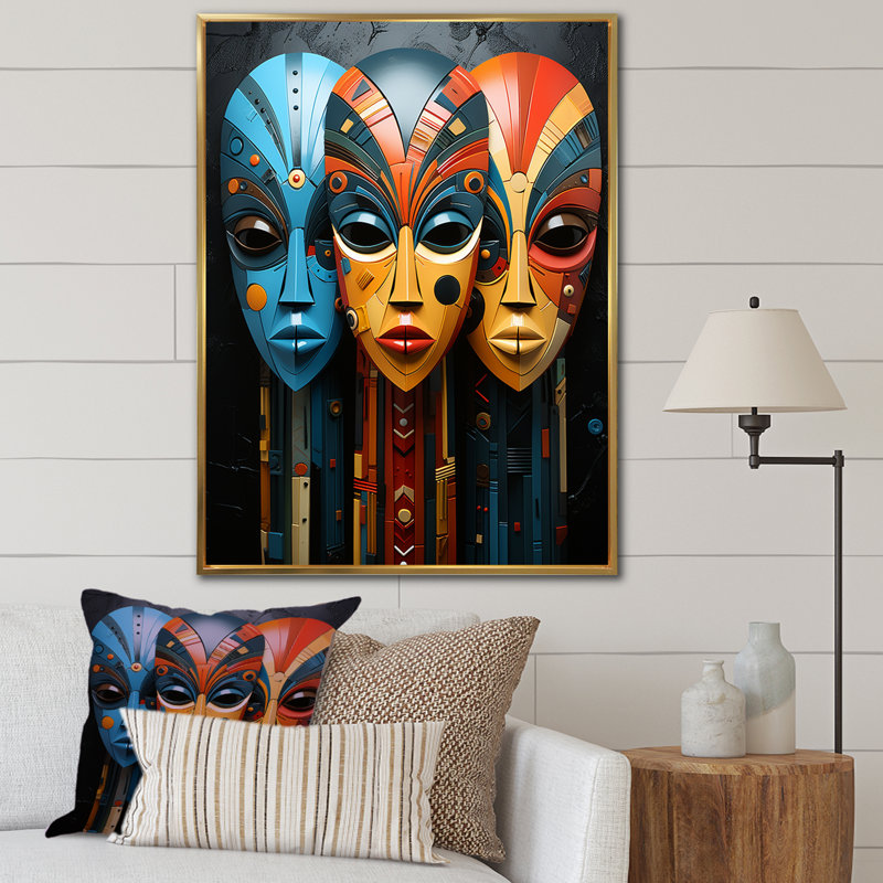 Masques de tribus mystiques d'Afrique sur toile, Cadre flottant doré, H 40 po x l 30 po x P 1,5 po