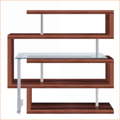 Bureau d'écriture en verre transparent en forme de L moderne argent chromé et amp; Noir ultrabrillant | Pivote sur 360 °, 4 tablettes | Bois synthétique | Noyer