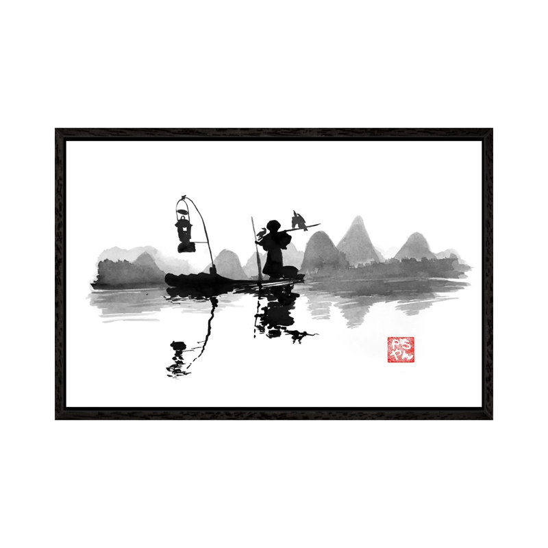 Fishing At Night by Péchane - Print on Canvas, 66.04 cm H x 45.72 cm W, Black Framed