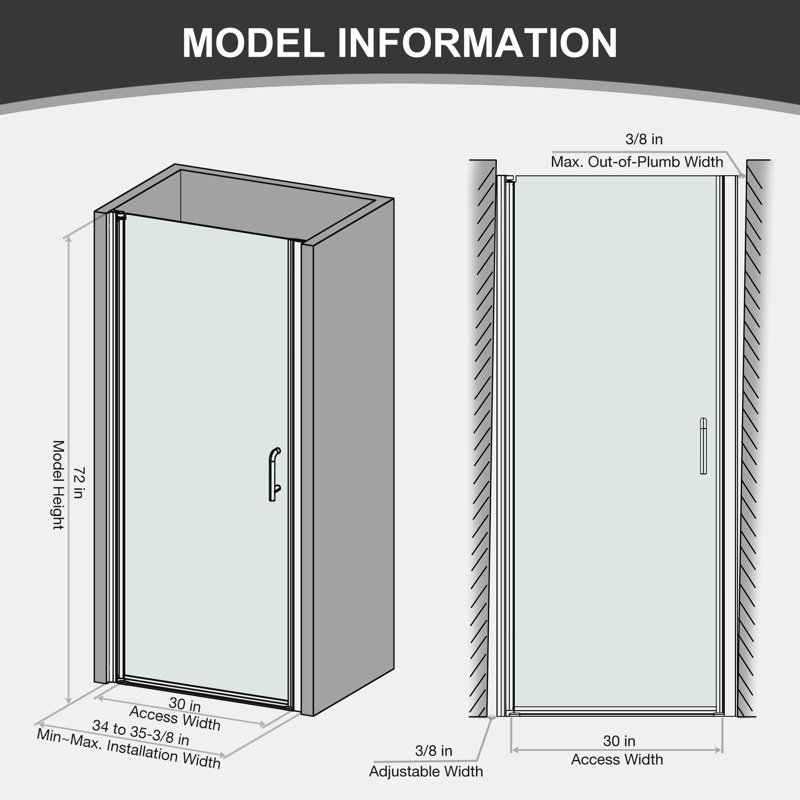 34'' W x 72'' H Pivot Frameless Shower Door with Clear Glass, Silver