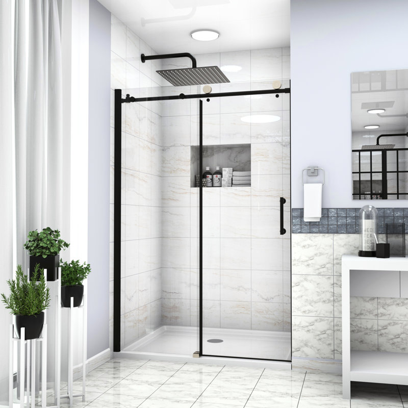 48" W X 76" H Shower Enclosure In Matte Black. Tempered Glass. Rust- Stainless Steel Handle. Fits Various Bathrooms. Adjustable For Wall . Accessories Handle With Resistance. Multiple Uneven