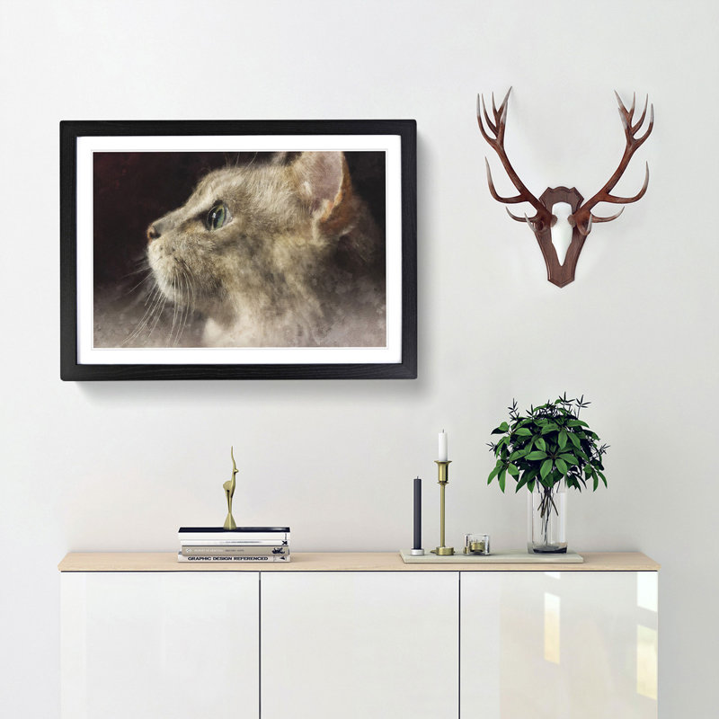 Curious Cat - Picture Frame Graphic Art Print, Black Framed, 45cm H x 63cm W x 2cm D