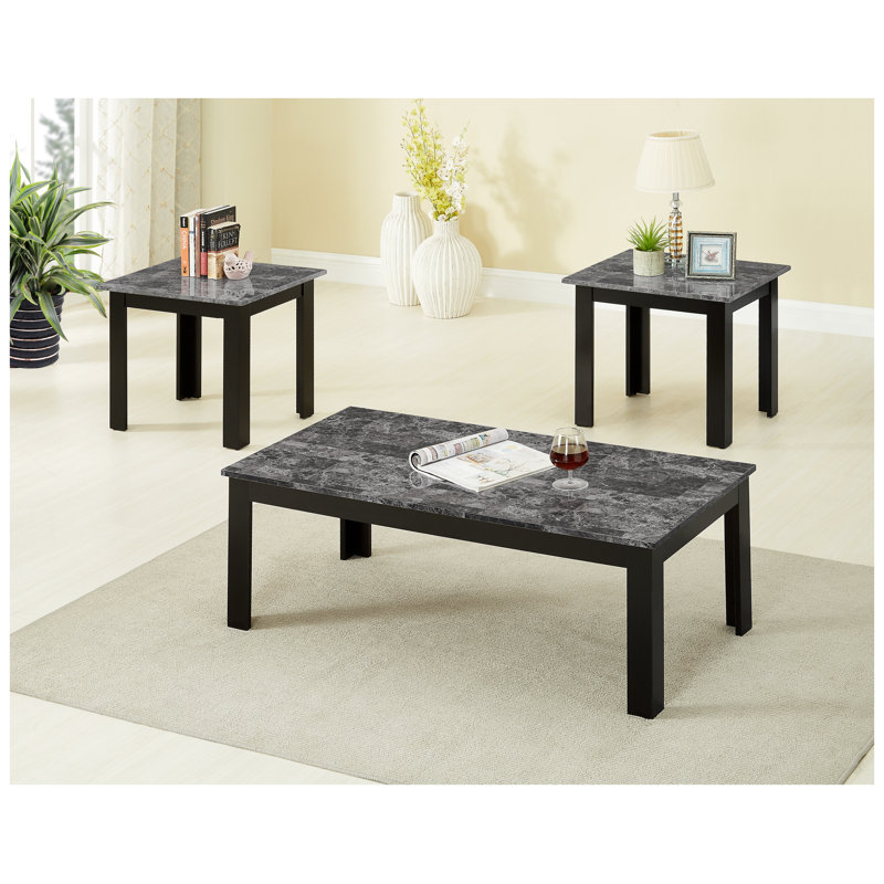 Ensemble de 3 pièces Table basse rectangulaire de style traditionnel Table de bout carrée Pieds en bois Finition noire Plateau en faux marbre Finition grise