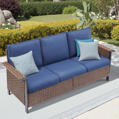 Canapé d'extérieur en osier de 76,4 po de largeur, canapé d'extérieur à accoudoirs larges avec coussins pour jardin
