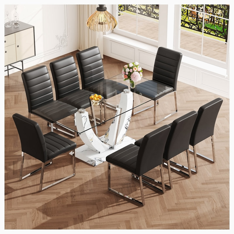 Ensemble de table et de chaises, grande table rectangulaire moderne en verre, pouvant accueillir de 6 à 8 personnes, Noir