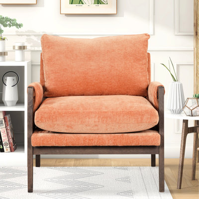 Fauteuil vibrant en velours orange de style moderne Mid-Century. Base en bois d'hévéa. Siège et accoudoirs confortables. Pour le salon, la chambre à coucher,. 330 lb supportés. P 30,2 po x l 35,4 po x H 33,5 po. Coussin