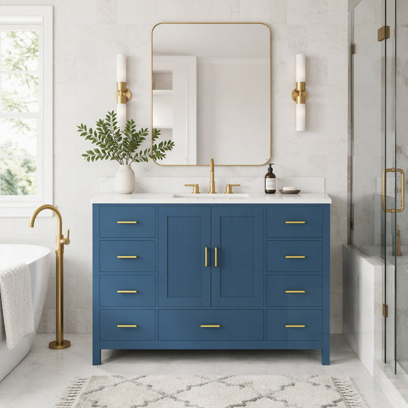 Meuble-lavabo moderne en bois massif avec lavabo, comptoir en quartz, 3 trous de robinet, 2 portes à fermeture douce, 9 tiroirs spacieux