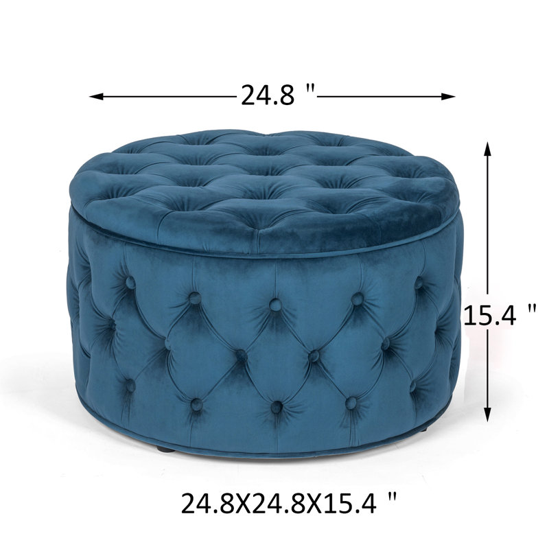 Amram Tufted Round Storage Ottoman, Blue Velvet