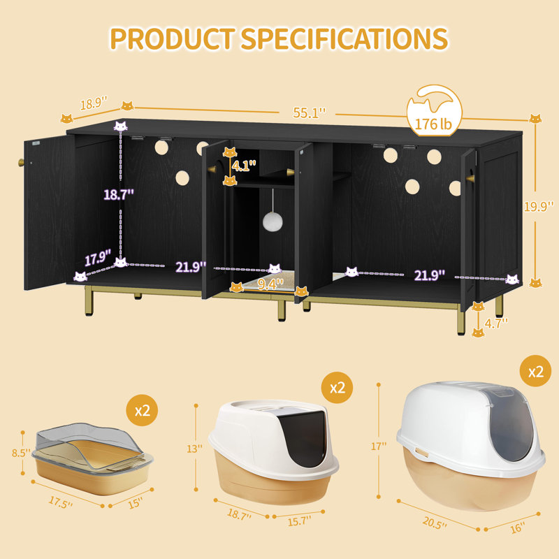 Armoire pour chat pour 2 chats, litière pour chat, cachée avec chambre double, avec espace de rangement, boules en peluche, peut être utilisée comme meuble télé, 55,12 x 18,90 x 24,41 po, noir et or