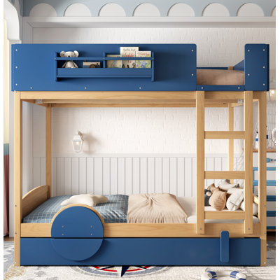 Lit superposé double avec lit gigogne, cadre de lit superposé en bois avec bibliothèque intégrée et garde-corps de sécurité de haute qualité, forme d'automobile pour enfants, bleu, naturel