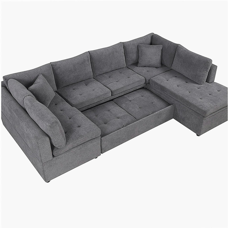 Très grand canapé de 117,3 pouces en forme de U avec deux coussins, doté d'un canapé-lit coulissant, gris, convenant au salon