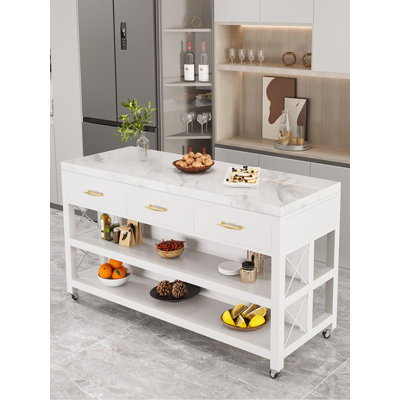 Îlot de cuisine roulant moderne avec tiroirs en marbre et tablettes de rangement ouvertes