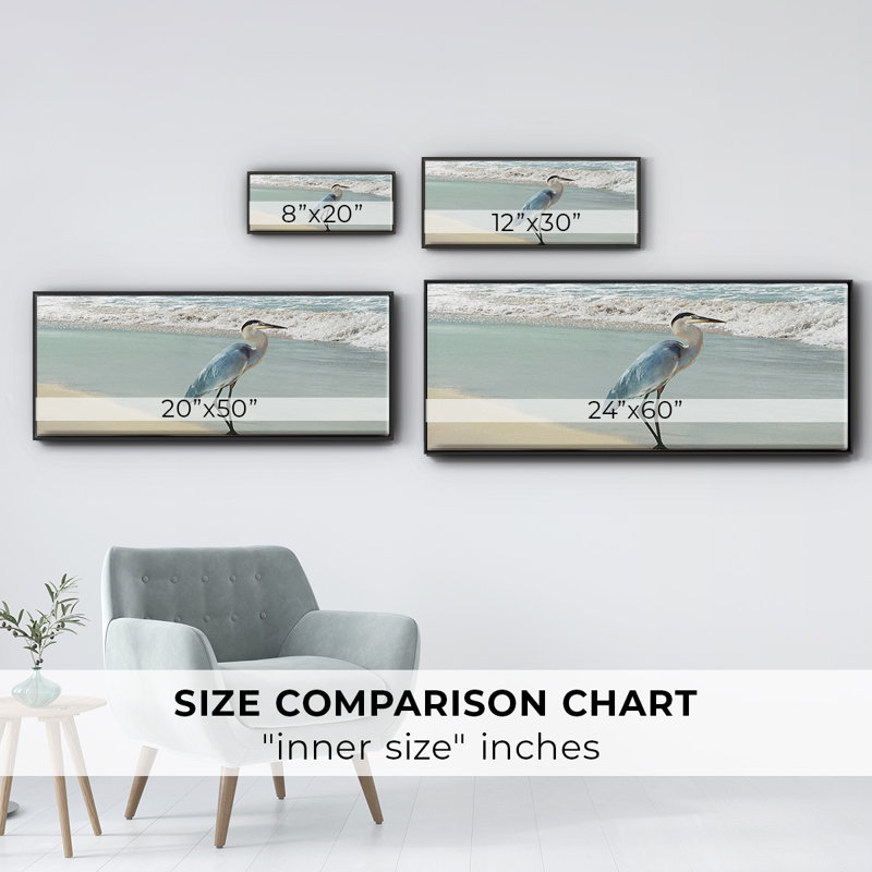 Beach Set Heron- Framed Canvas, 12" H x 30" W