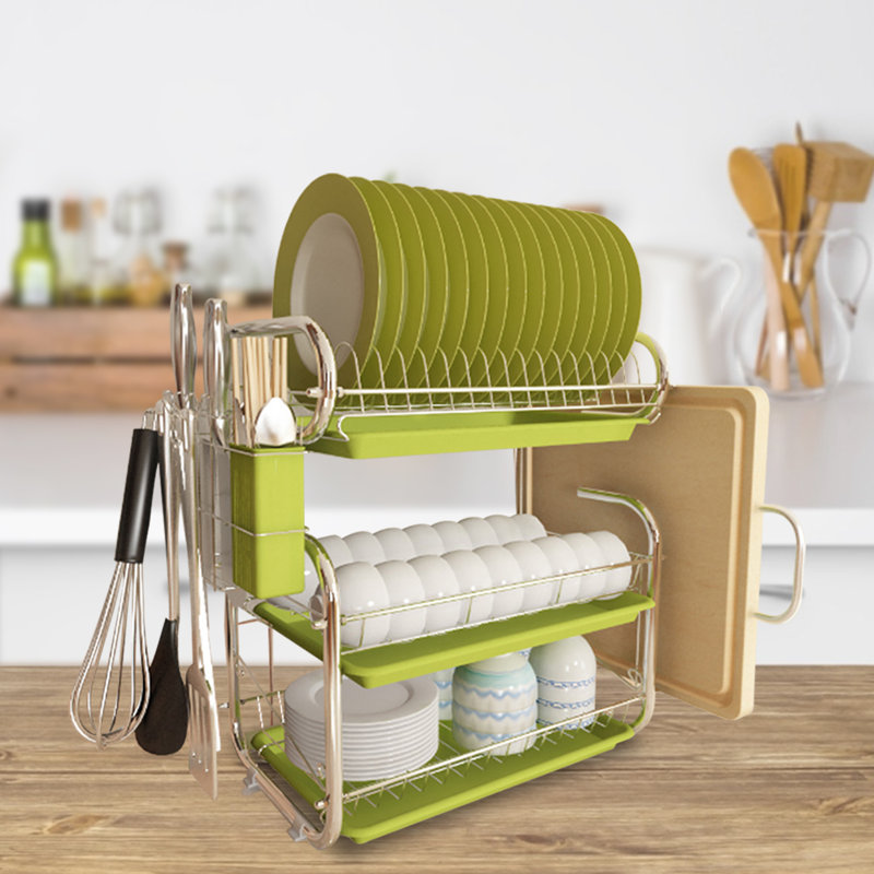 Kitchen 3-Tier Dish Drainer Storage Stand Bowl Plate Dryer Tray, Green