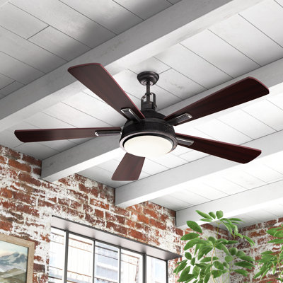 Ventilateur de plafond industriel en pierre doré à montage sur tige avec pales réversibles bronze foncé / moka Aftin de 52 po, ensemble d'éclairage à DEL à intensité variable et télécommande inclus, 3 vitesses, abat-jour en verre blanc