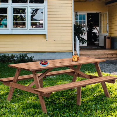 Table de pique-nique en bois brun pour 8 personnes, extérieure avec 2 sièges et bancs, capacité de 2220 lb