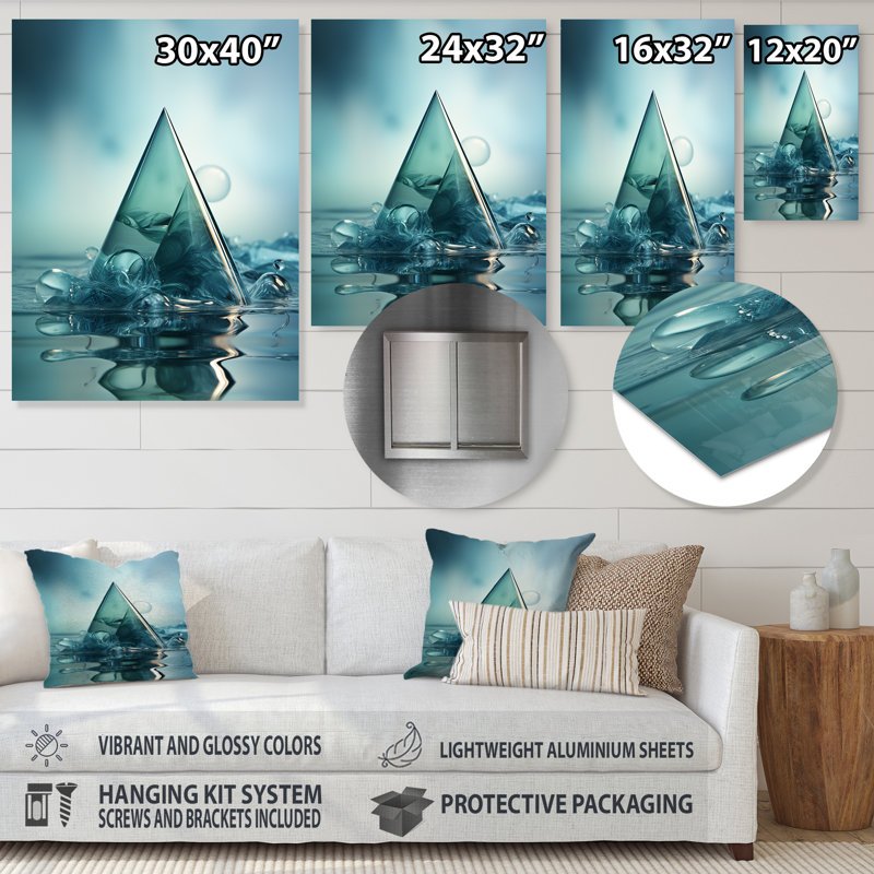 Emerald Blue Pyramid Shapes III - Décoration murale abstraite en métal, H 20 po x l 12 po x P 1 po