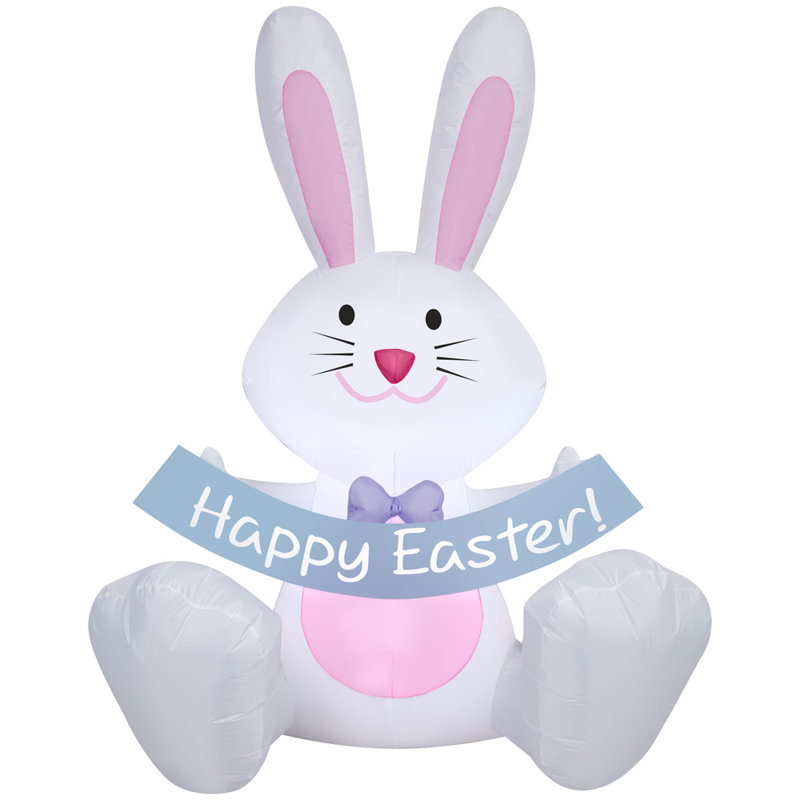 5 ft White and Pink Inflatable Easter Bunny with Banner